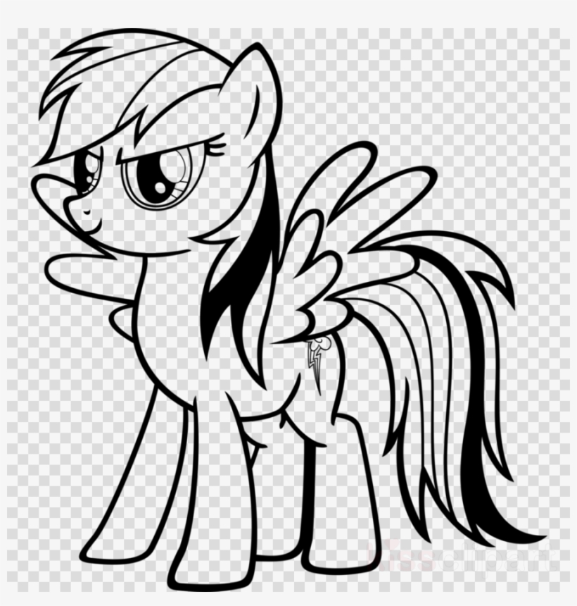 Black-and-white line art of Rainbow Dash from My Little Pony, posing confidently with wings spread and lightning bolt cutie mark.