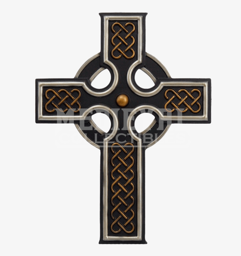 ornate Celtic cross with black base, silver trim, and gold knotwork patterns, featuring a central bronze dot and circular ring