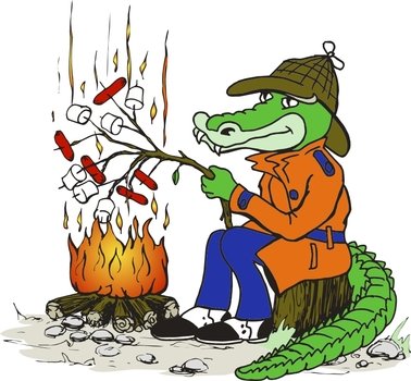 A cartoon alligator in a detective hat and trench coat roasts marshmallows and hot dogs over a campfire.