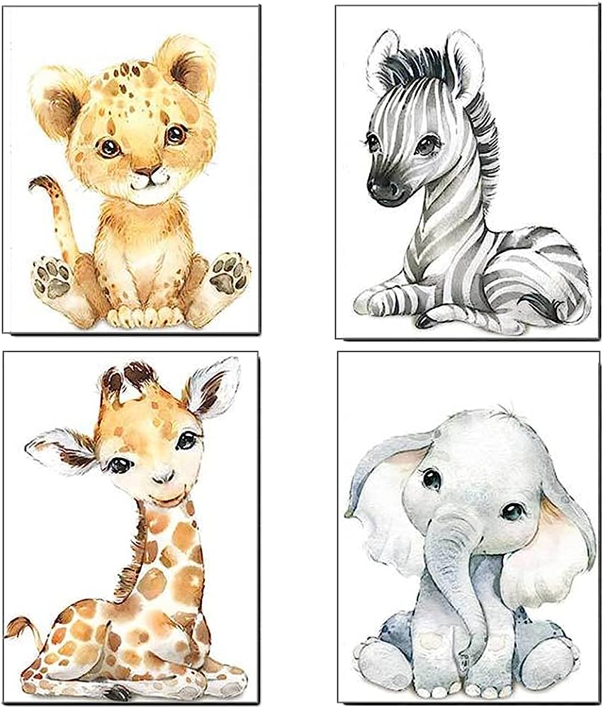 Cute Baby Animal Art Prints - Lion, Zebra, Giraffe & Elephant Watercolor Illustrations