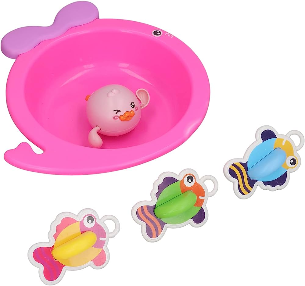Pink whale-shaped baby bath toy with a winking duck float and three colorful fish-shaped bath toys.