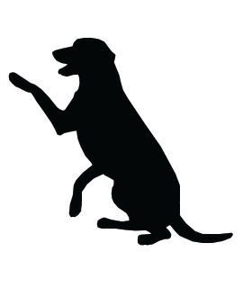 Black silhouette of a dog sitting upright with one paw raised, as if waving or begging.