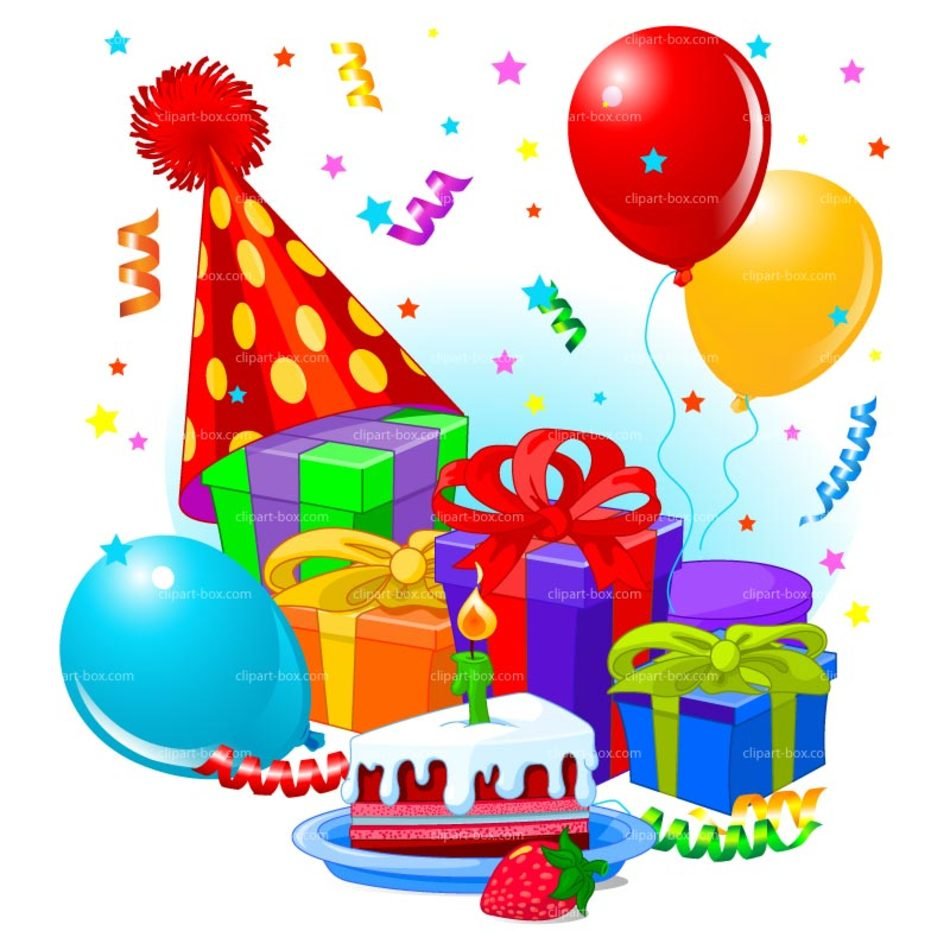 Colorful birthday celebration scene with cake, gifts, balloons, party hat, and confetti.
