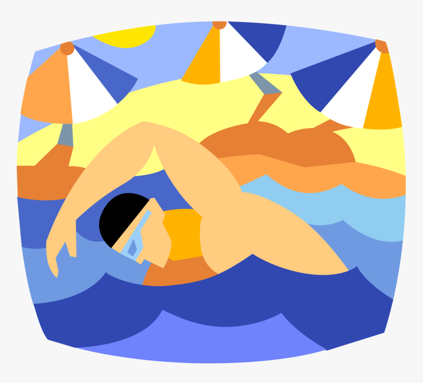 Stylized illustration of a swimmer doing freestyle stroke in blue water with beach umbrellas and sun in background.