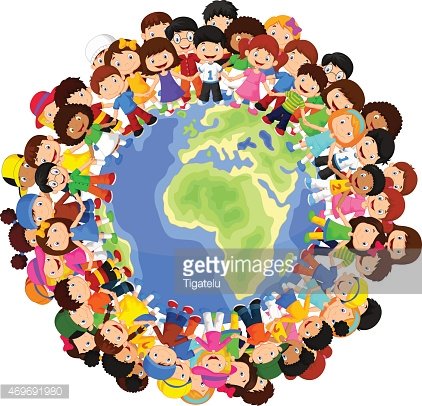 Diverse group of children holding hands around a globe, symbolizing global unity and childhood friendship.