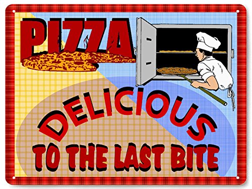 Retro-style pizza sign with chef pulling fresh pizza from oven, bold text "PIZZA DELICIOUS TO THE LAST BITE" on checkered background.