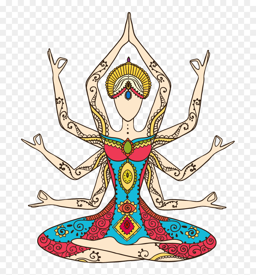 Colorful illustrated multi-armed deity in lotus pose with ornate patterns and traditional Indian motifs.