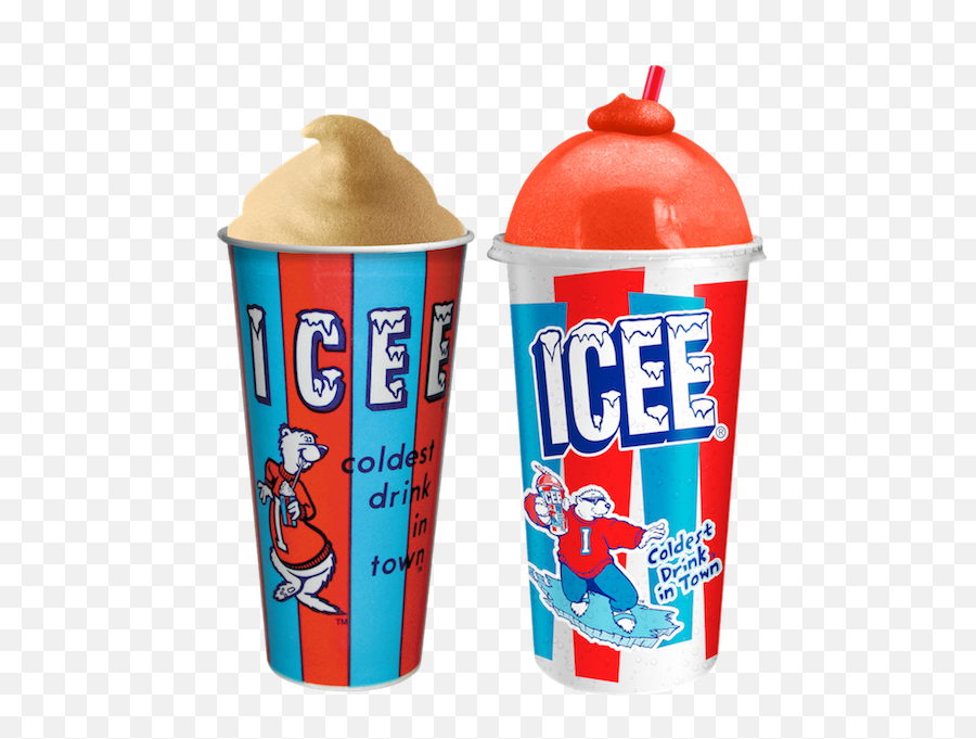 Two ICEE frozen drinks in branded cups-one with tan soft-serve topping, the other with red slush and dome lid.