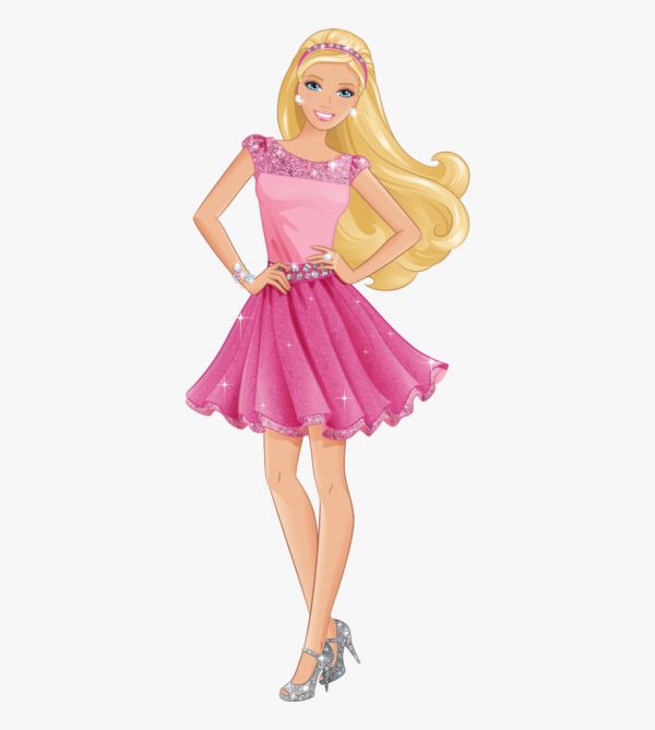 Barbie doll in a sparkling pink dress with silver heels, posing confidently with hands on hips.