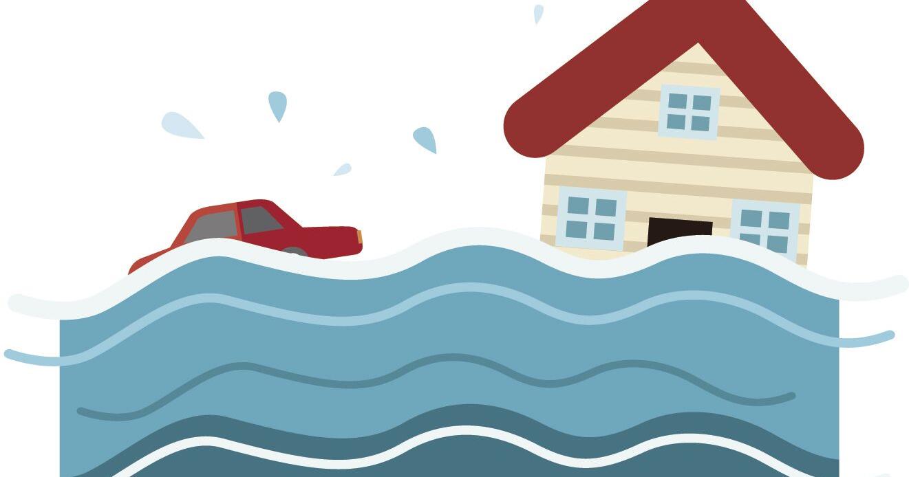 A cartoon-style illustration of a flooded house and red car partially submerged in rising blue water.