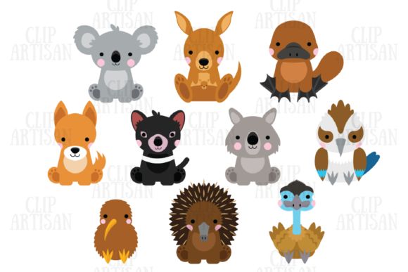 Cute cartoon-style Australian animals including koala, kangaroo, platypus, wombat, Tasmanian devil, echidna, kiwi, emu, and more.