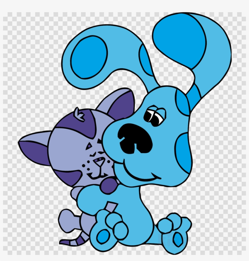 Blue cartoon dog hugging a purple cat, both smiling with playful expressions.