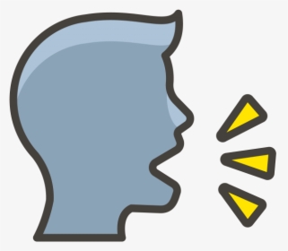 Blue profile silhouette of a person speaking with yellow sound wave icons indicating speech or voice output.