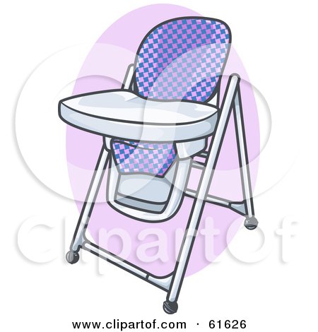 Purple checkered baby high chair with metal frame and tray, illustrated in cartoon style.