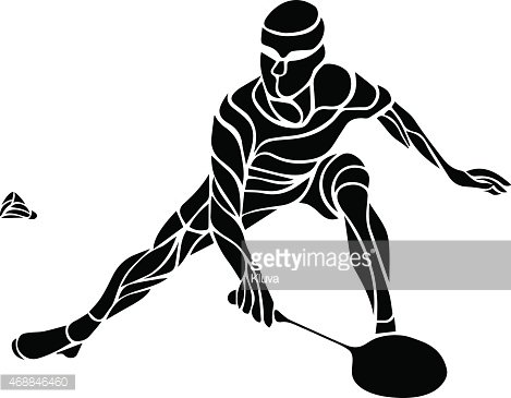 Stylized black-and-white illustration of a field hockey player in action, crouched low with stick and ball.