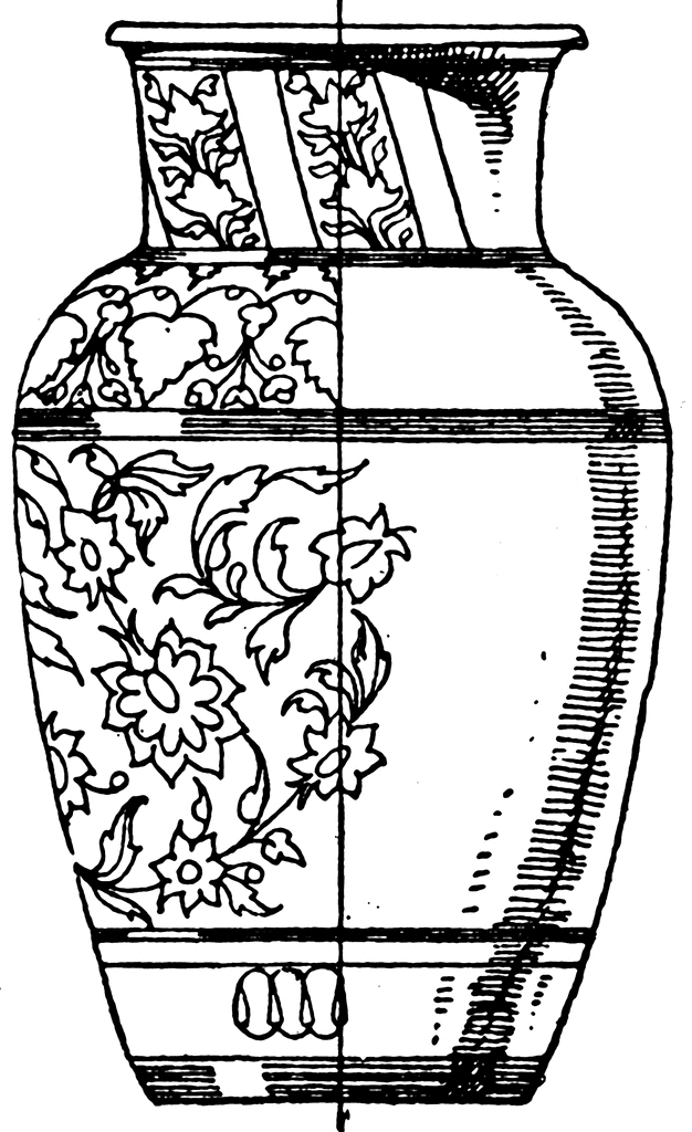 Line drawing of a decorative ceramic vase with floral motifs and geometric bands, split to show patterned and plain sections.