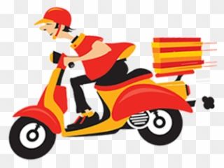 Delivery rider on red scooter with food boxes, wearing helmet and uniform, in motion.