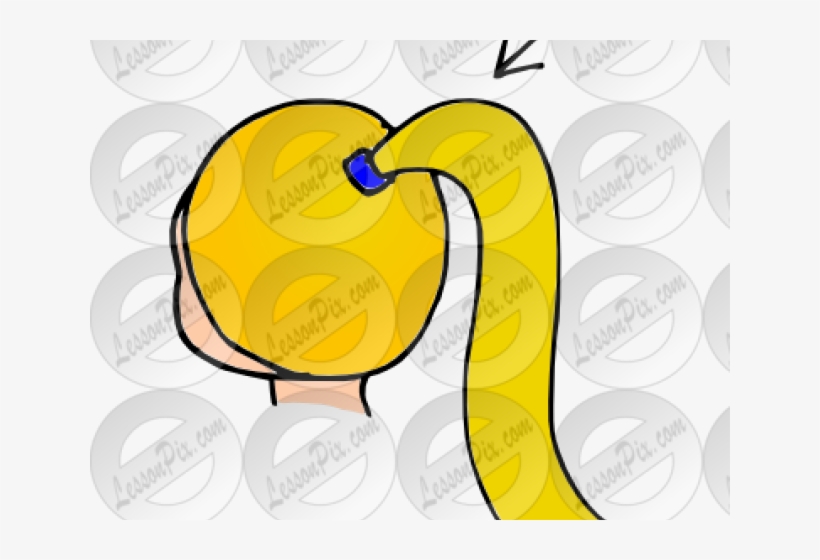 Cartoon girl with bright yellow ponytail tied with a blue hair tie, viewed from behind.