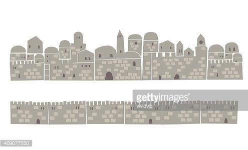 Hand-drawn illustration of ancient stone city with domed buildings and fortified walls, in muted gray tones.