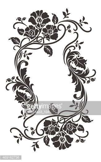Elegant black-and-white floral ornamental frame with swirling vines and blooming roses, ideal for vintage design accents.