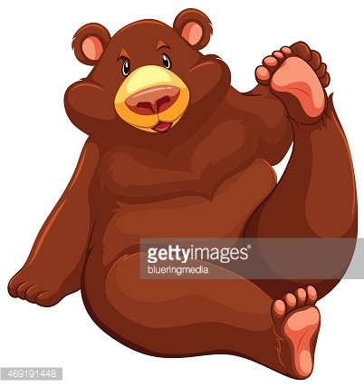 Friendly cartoon brown bear sitting with one paw raised, smiling warmly.