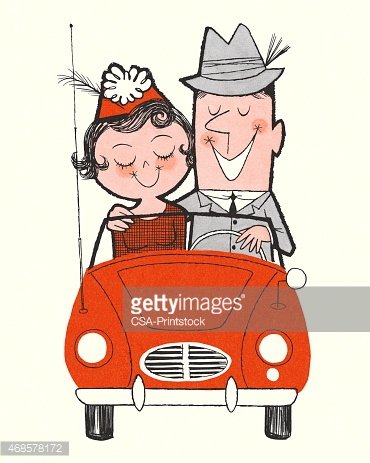 Retro Couple in Classic Red Convertible - Nostalgic Illustration