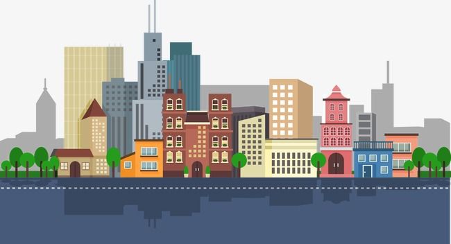 Colorful illustrated city skyline with modern and historic buildings reflected in water, green trees along the waterfront.