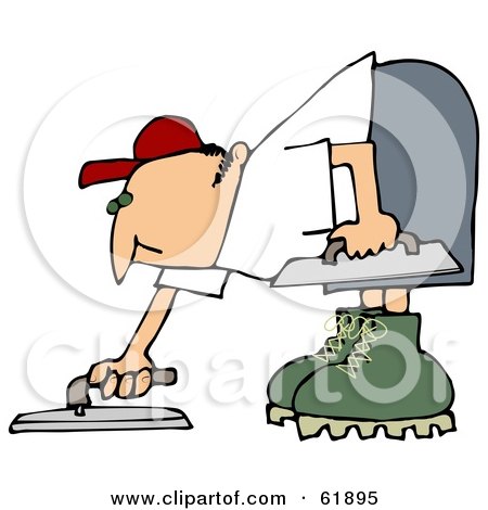 Cartoon worker in red cap and green boots using trowel and float to apply plaster or drywall mud.