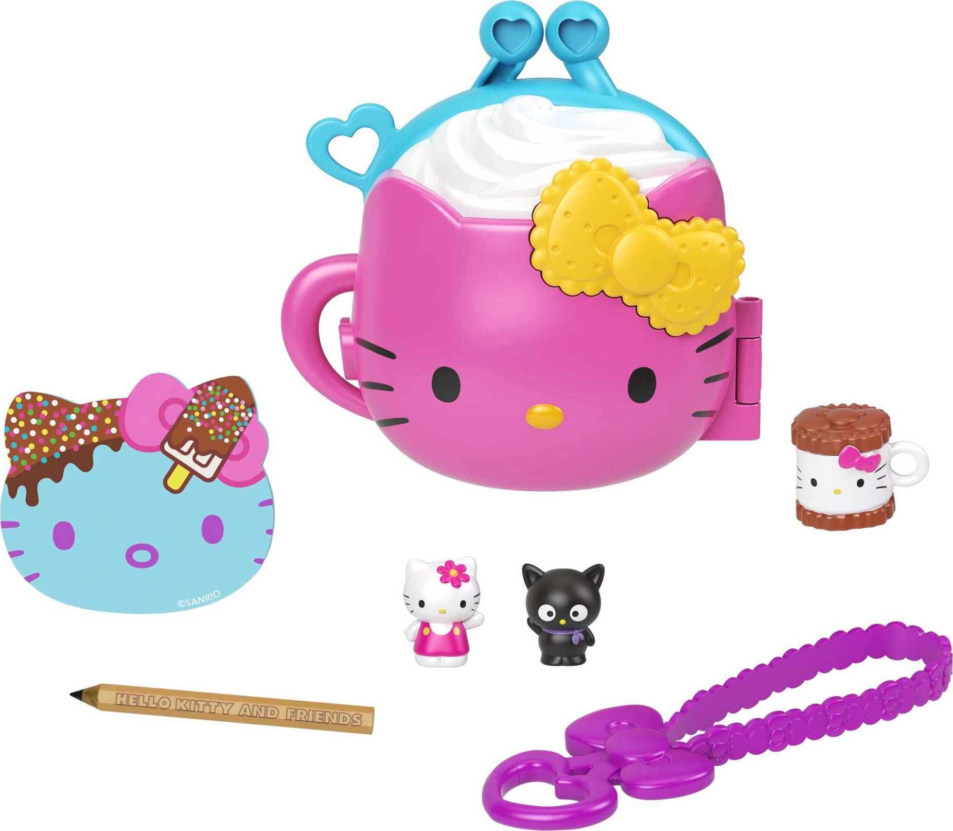 Hello Kitty-themed toy set featuring a pink teacup-shaped case, mini figures, pencil, and accessories.