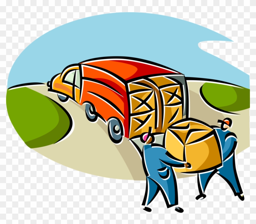 Two workers carrying a large box toward an orange delivery van on a rural road.