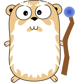 A cartoon gopher holding a blue orb on a stick, with wide eyes and a fluffy white belly.