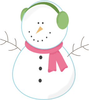 Cheerful cartoon snowman wearing green earmuffs and a pink scarf, with stick arms and carrot nose.