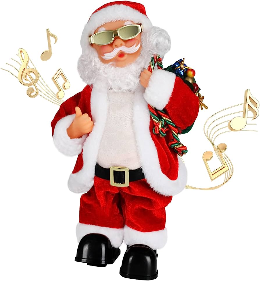 Funky Santa Claus figurine with sunglasses, thumbs-up, and musical notes, holding gift bag.