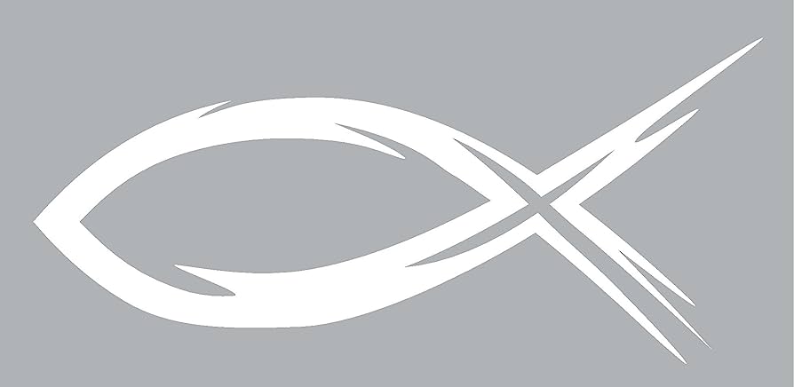 White ichthys (Christian fish) symbol with stylized cross and flowing lines on gray background.