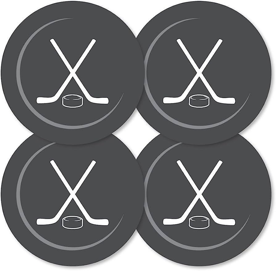 Four dark gray circular coasters with white crossed hockey sticks and puck icon design.