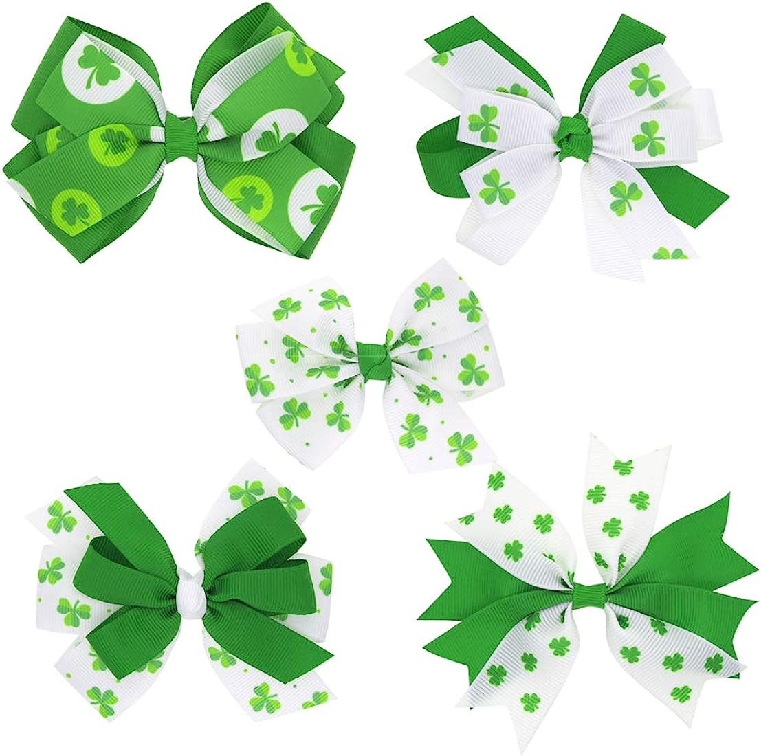 Five festive St. Patrick’s Day hair bows in green and white with shamrock patterns, styled for kids or accessories.