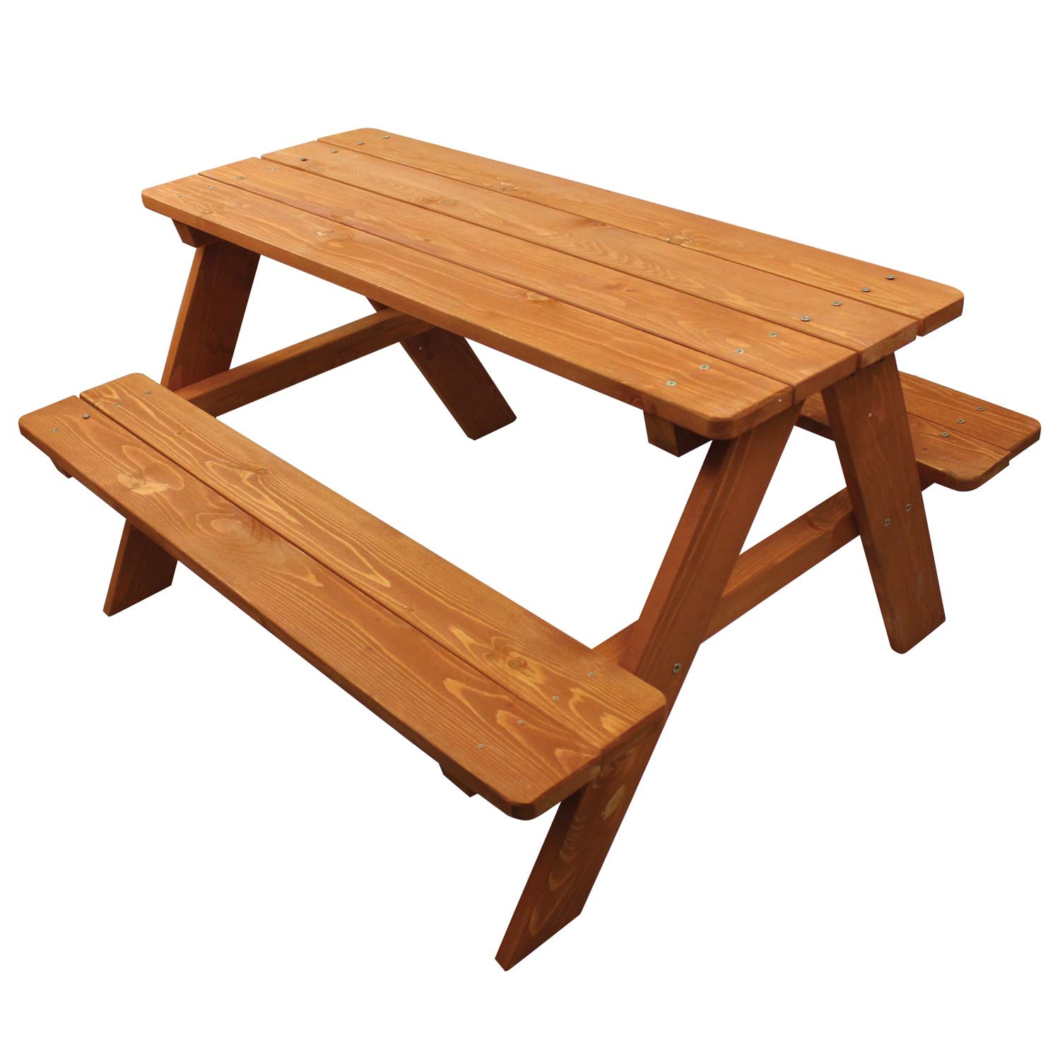 Wooden A-frame picnic table with attached benches, stained finish, visible wood grain and metal fasteners.