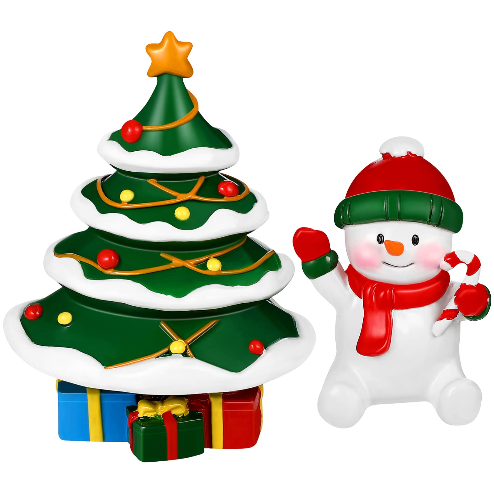 Festive ceramic Christmas tree with ornaments and gifts, beside a cheerful snowman holding a candy cane.