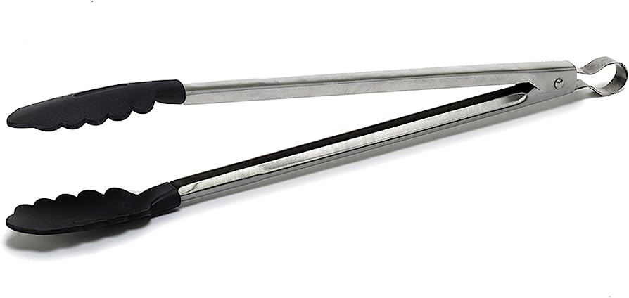 Stainless steel kitchen tongs with black silicone grip tips and hanging loop.