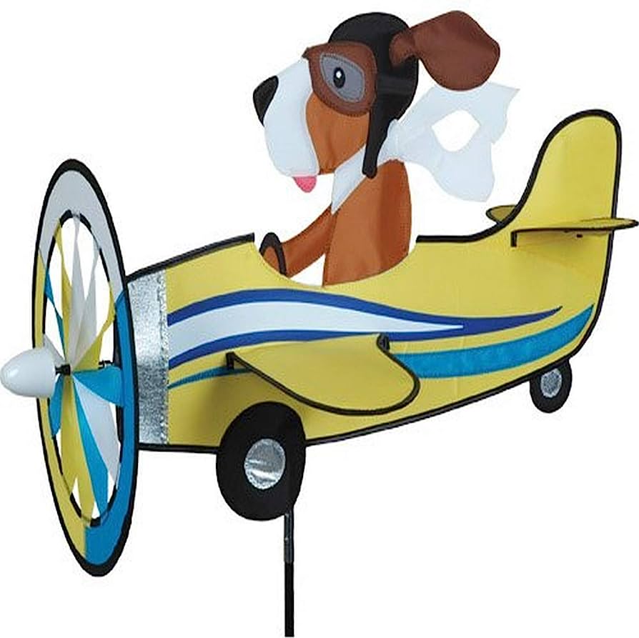 Cartoon beagle pilot in yellow biplane wind spinner with propeller and goggles.