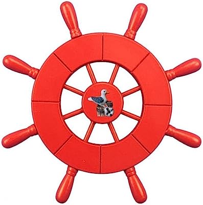 Red plastic ship’s wheel toy with a seagull illustration at the center, six spokes, and a nautical design.