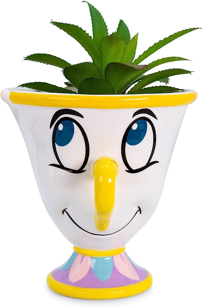 Disney's Mrs. Potts ceramic teacup planter with a succulent, featuring expressive blue eyes and a cheerful smile.