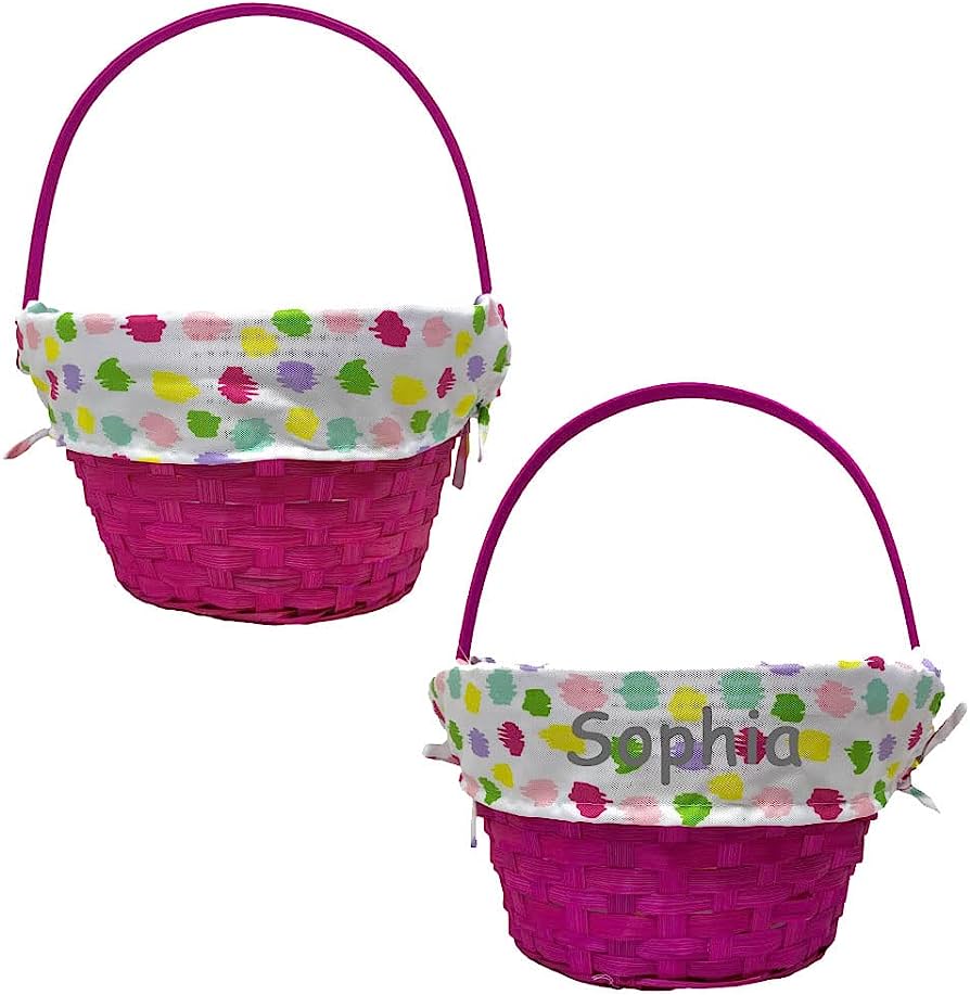 Two bright pink woven Easter baskets with colorful polka-dot liners; one personalized with the name "Sophia".
