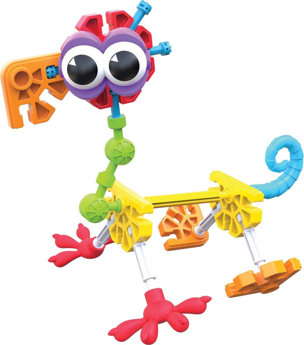 Colorful K'NEX creature with big eyes, jointed limbs, and playful design built from interlocking plastic pieces.