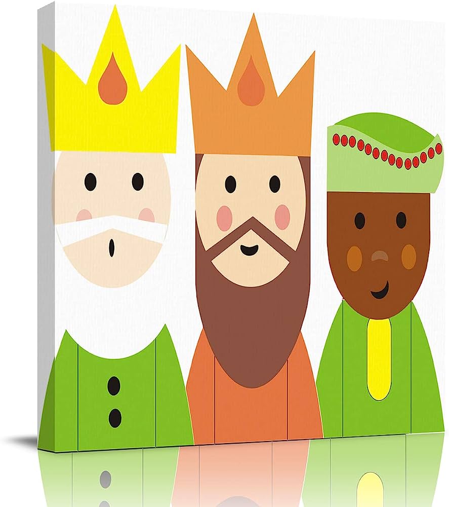 Three stylized wise men with crowns-yellow, orange, green-depicted in flat vector art on a canvas print.