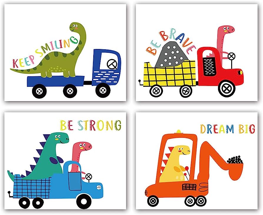 Four colorful dinosaur-themed motivational art prints with trucks, excavators, and inspirational phrases like "Keep Smiling" and "Dream Big".