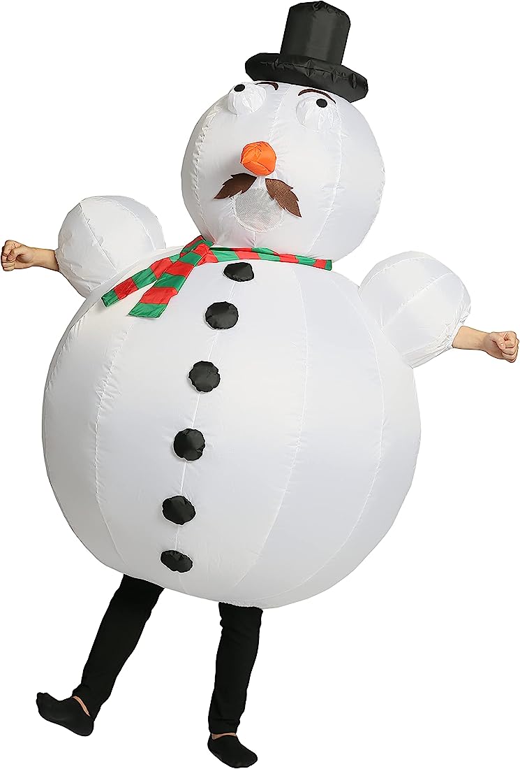 Person wearing an inflatable snowman costume with black top hat, orange carrot nose, scarf, and coal buttons.