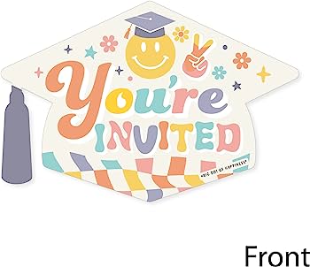Colorful graduation cap invitation with "You're Invited" text, smiley face, peace sign, and floral decorations.