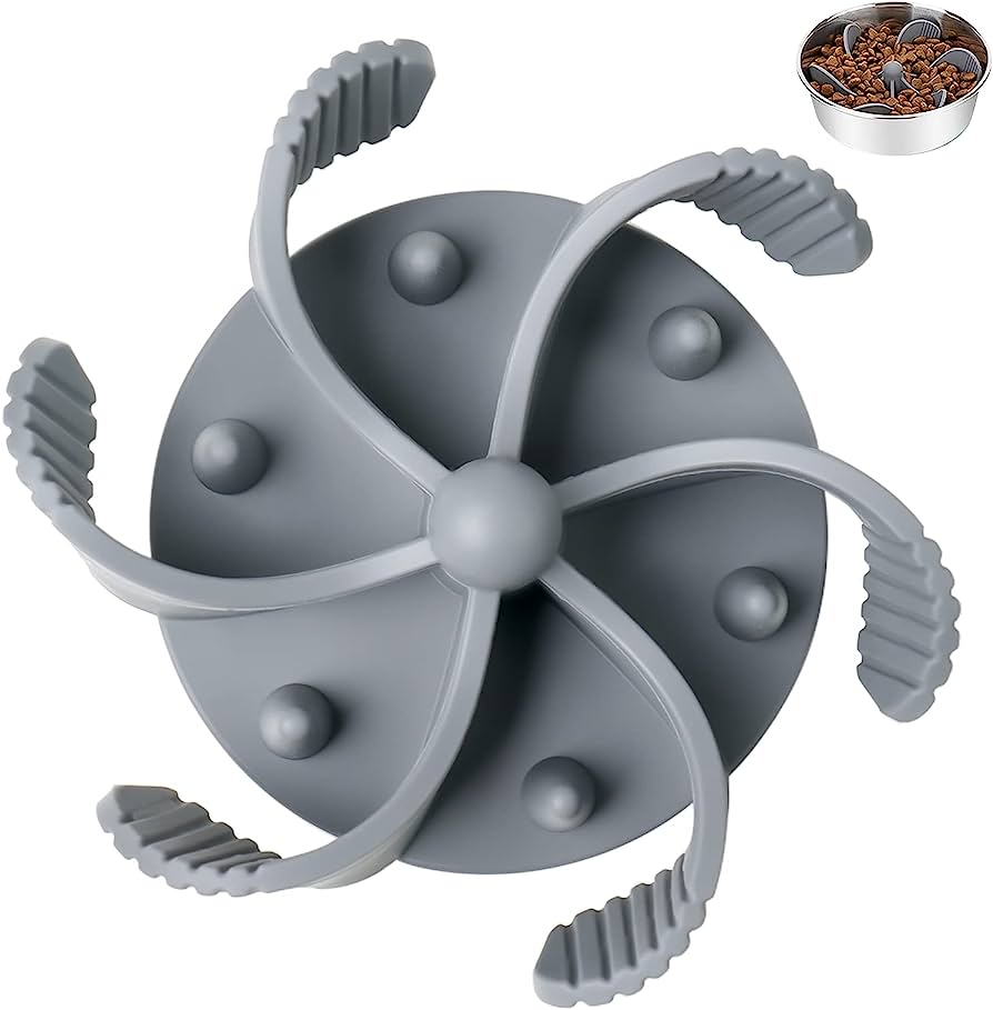 Gray silicone pet food divider with six compartments and textured arms, shown with a bowl of kibble.