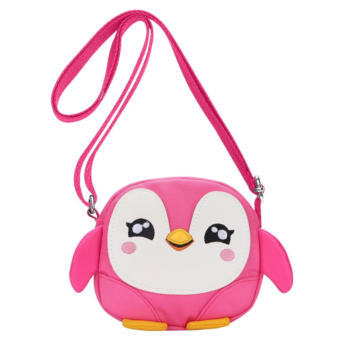 Pink penguin-shaped crossbody bag with white face, black eyes, yellow beak, and pink cheeks.